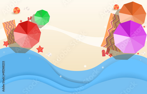 Summer beach aerial view, sea vector from top view, free space for design, decorated with umbrellas, mats and starfish.