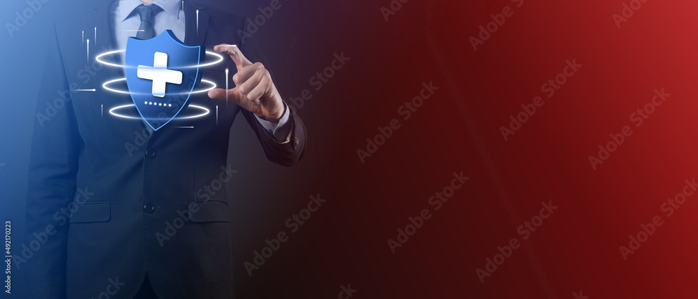 Businessman hold Shield with plus Low polygonal icon, medicine icon.Health shield.Medical logo template,protection symbol with cross sign, healthcare security label,Medical logo,life insurance service Businessman hold Shield with plus Low polygonal icon, medicine icon.Health shield.Medical logo template,protection symbol with cross sign, healthcare security label,Medical logo,life insurance service