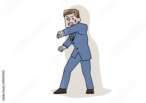 追い詰められているビジネスマンの男性　コミカルな手書きの人物　ベクター、線画にシンプルな色つけ　