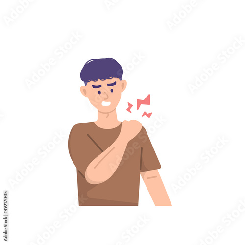 a man holds the right shoulder because he feels pain. shoulder disease, muscle pain, shoulder injury. the expression on the face of the person who was enduring the pain. health problems. flat style