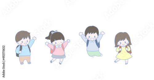 ランドセルを背負ったかわいい小学生4人の手描き風横長イラスト