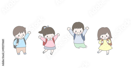 ランドセルを背負ったかわいい小学生4人の手描き風横長イラスト