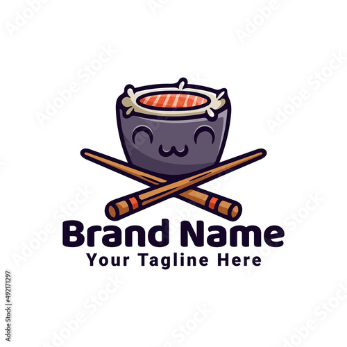 Cute Cartoon Sushi With Chopstick Illustration Outline Logo Template