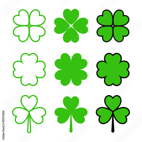 Green clover vector set. Four leaf and three leaf clover shape, saint patrick icon