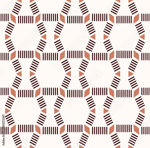 Vector ethnic African brown color embroidery, knit, weave geometric shape seamless pattern on white cream background. Use for fabric, textile, interior decoration elements, upholstery, wrapping.