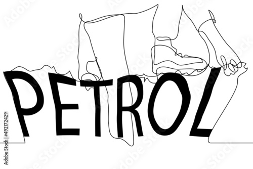gasoline price increase concept - one line drawing vector. man trying to overcome the huge word "PETROL".