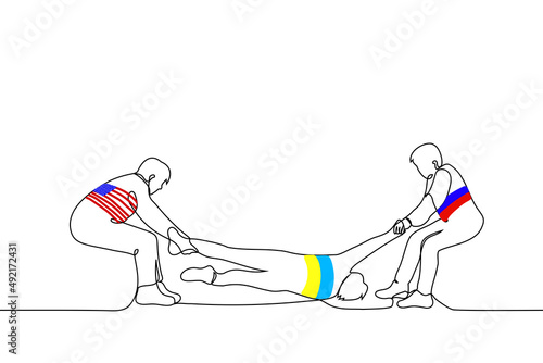 two (the U.S.A. and Russia) are trying to pull the third (Ukraine) to their side - one line drawing vector. the concept of fighting for influence in Ukraine, defending and attacking Ukraine, politics