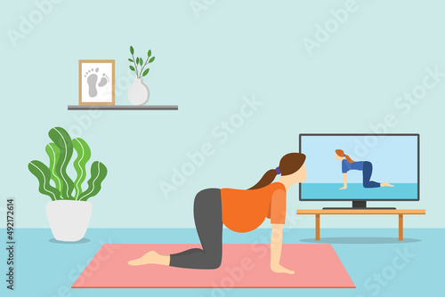 online exercise at home for pregnant or pregnancy woman with modern flat style
