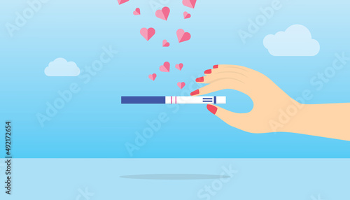 pregnant or pregnancy test with woman hold test pack with modern flat style