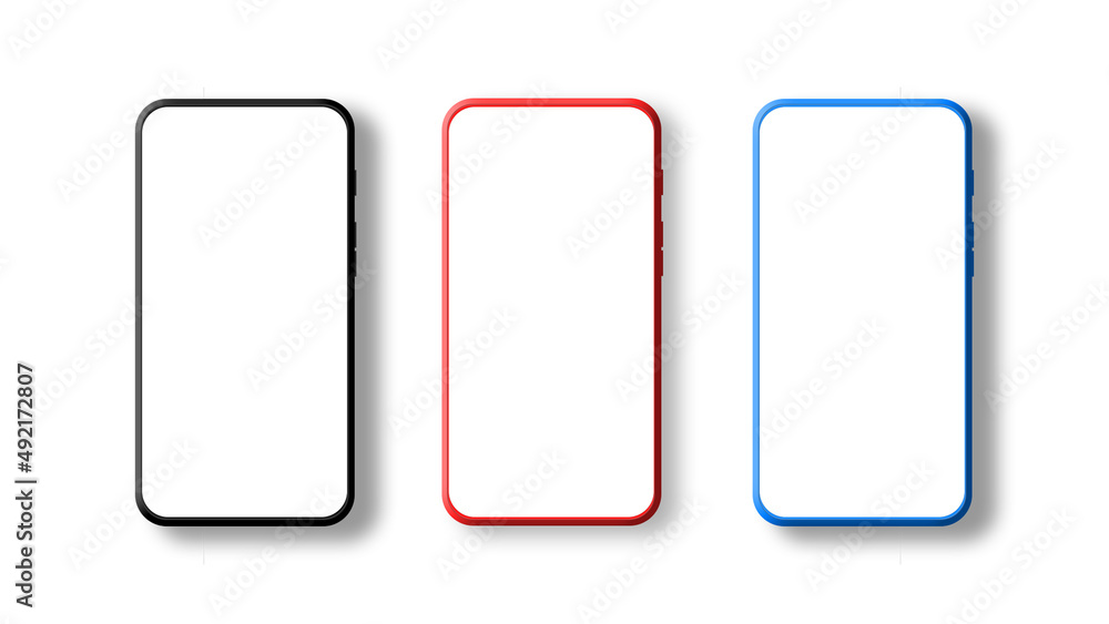 Modern minimal 3D illustration smartphone mockup set with three black, red, and blue colors theme. Cellphone display front view. Modern minimal 3D illustration smartphone mockup set with three black, red, and blue colors theme. Cellphone display front view.