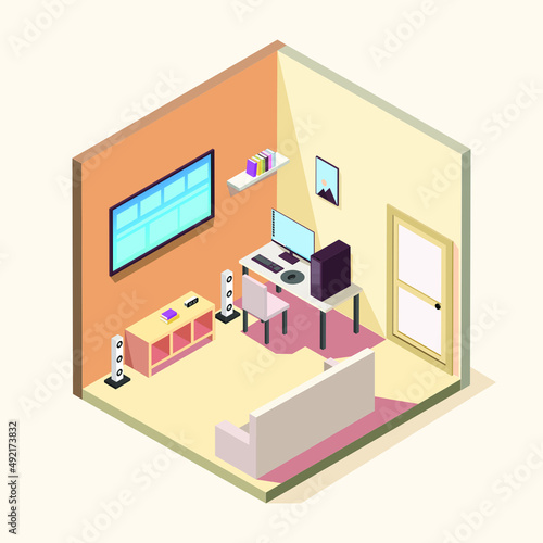 Vector isometric computer room Room includes sofa, desk, clocks, chair, books, and computer. 3d suburban isometric illustration. Isolated vector