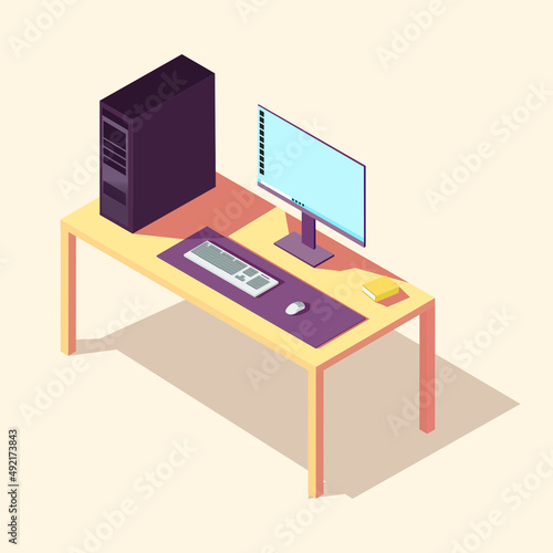 isometric 3d clean computer desk.a computer system, keyboard, mouse, mouse pad, and book. suburban isometric illustration. Isolated vector