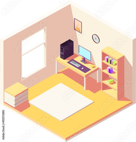 Home office, study room, computer room. includes a desk, clocks, books, and computer. interior vector illustration cabinet 3d suburban isometric illustration. Isolated vector.