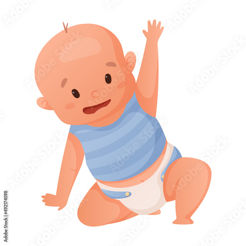 Vector illustration of a newborn baby boy in a diaper sitting or crawling, isolated on white.