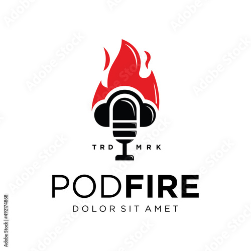 Microphone on fire logo shape of lightning hot mic standup Vector. Burning mic logo templat for podcast