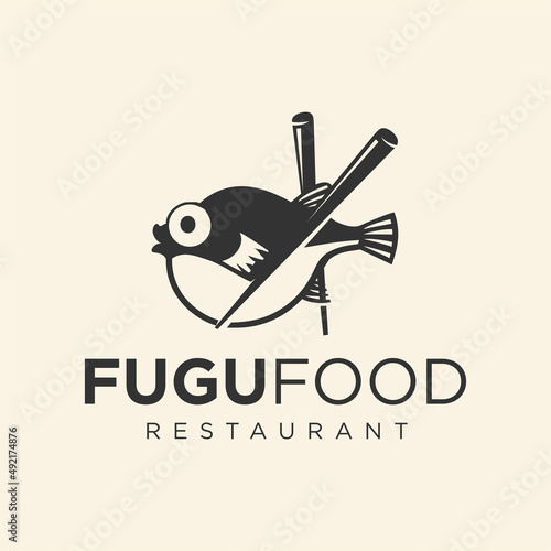 Puffer Fish Chopsticks Logo Japanese Food. Fugu Sushi Logo Template. Blowfish logo mascot concept for fresh seafood icon