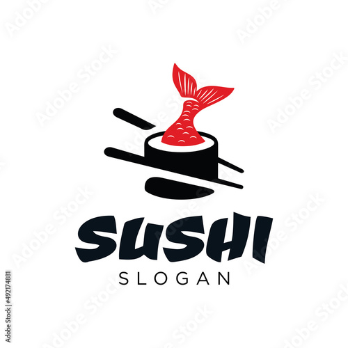 Sushi Fish Logo with chopsticks Vector Template Stock Illustration of cuisine asian food 