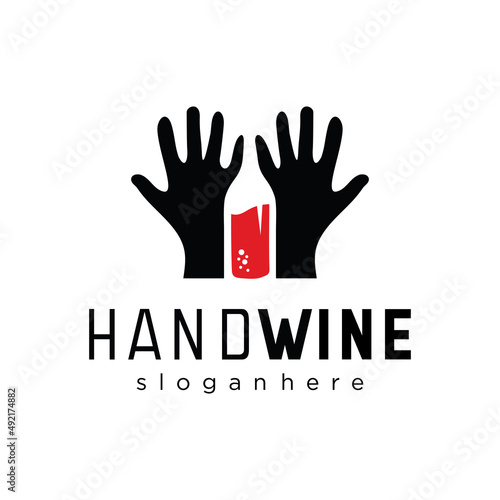 Wine logo design idea with wine bottle in hand. Abstract winery sign Concept for vineyard Stock Vector