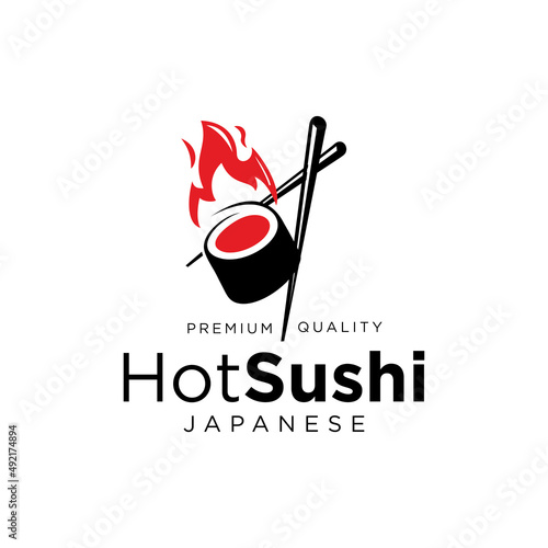 Japanese cuisine restaurant logo chopsticks with sushi food fire