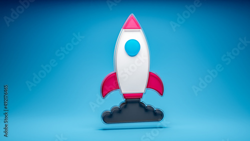 launching startup rocket 3d icon in blue background. 3d rendering