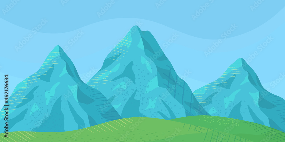 山の風景　晴れた青空に山と草原　アウトドア、レジャー、ハイキングなどのイメージイラスト　背景素材
