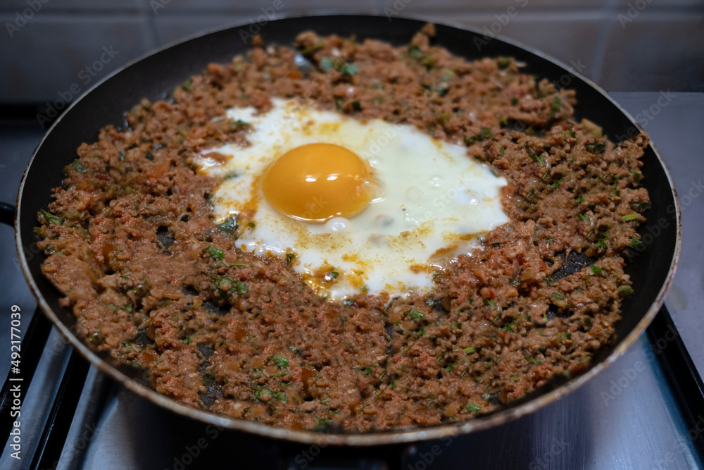 Stir-fried mince and eggs. Selective Focus egg. Front view. Stir-fried mince and eggs. Selective Focus egg. Front view.
