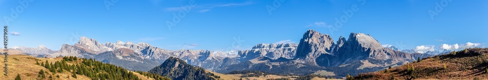 Super panorama of Langkofel Group mountains, view from Seiser Alm plateau
