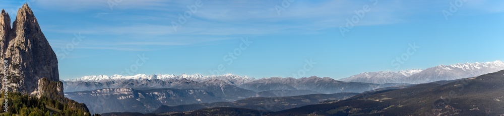 Punta Euringer mountain and panorama of the Dolomite mountain ranges surrounding the plateau Seiser Alm