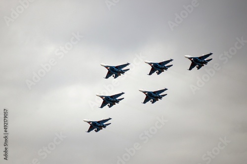 The Russian Knights aerobatics group in the sky at the MAKS-2021 International Aviation and Space Salon in Zhukovsky