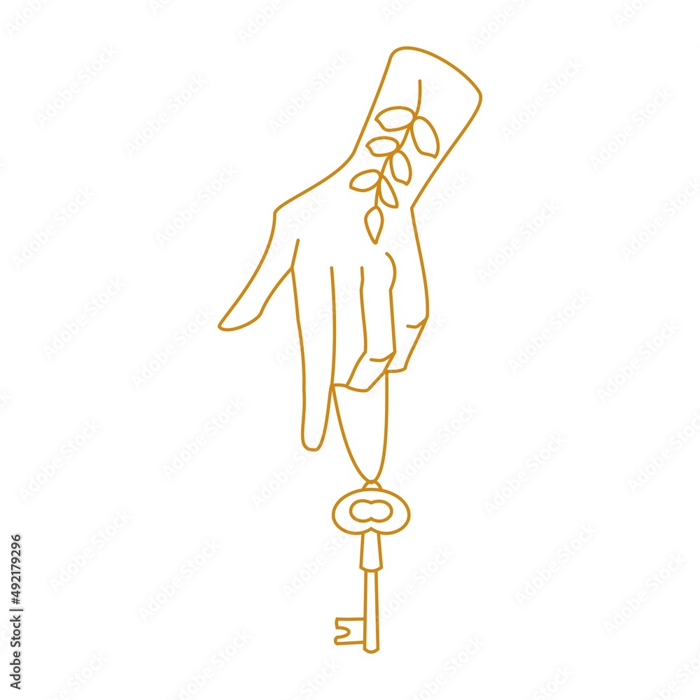 Hand holding key Outline fantasy illustration Hand holding key Outline fantasy illustration