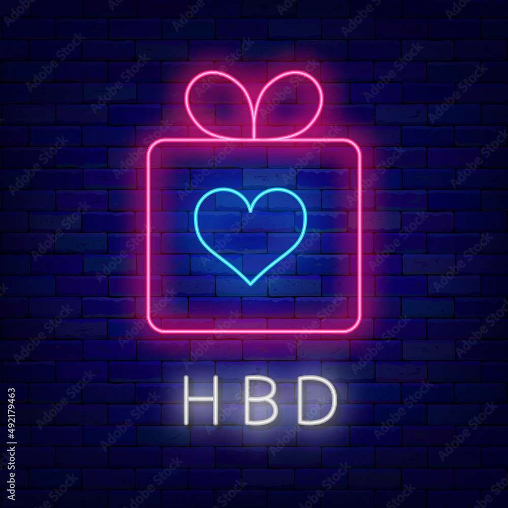Happy Birthday neon sign. Pink gift box. Simple style. Glowing greeting card. Laser emblem. Vector stock illustration