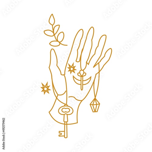 Hand holding magical amulets Outline illustration