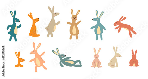 Easter bunnies colorful collection. Rabbits with different poses. Egg hunt concept. Isolated vector stock illustration