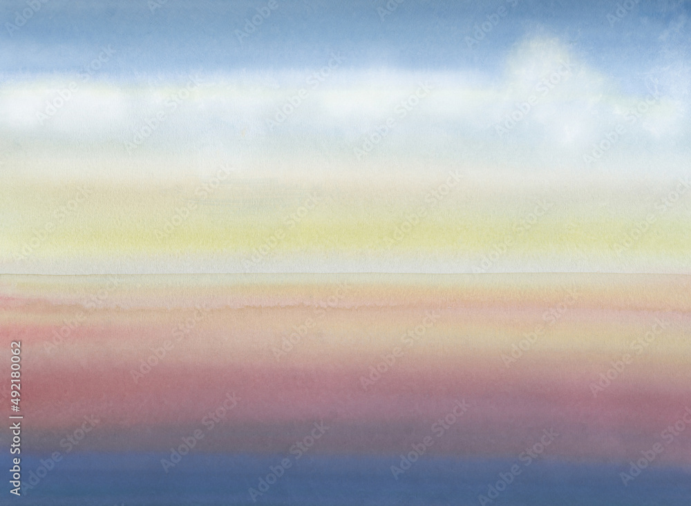 Abstract watercolor background in pink, orange and purple colors. Idyllic landscape of sunset cloudy sky. Wavy water surface reflecting the fabulous sky. Hand drawn summer illustration.