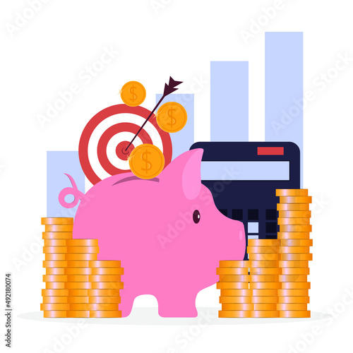 Piggybank, calculator, buckshot. Achieve financial goals. Vector illustration