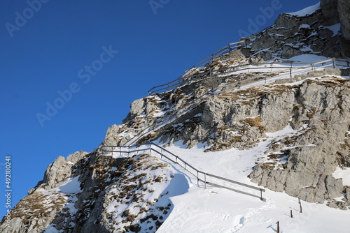 Snow covered stairs leading to the Esel, one of the peaks of Mount Pilatus. 