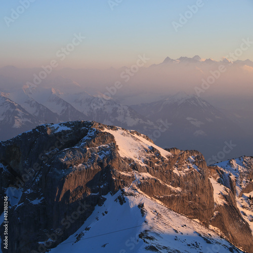 Mount Matthorn and other mountains just before sunset. View from Mount Pilatus. photo