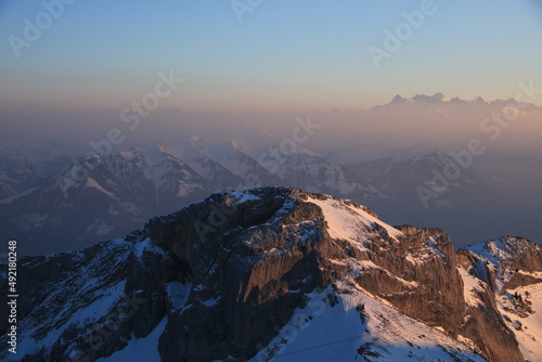 Mount Matthorn and other mountains just before sunset. View from Mount Pilatus.