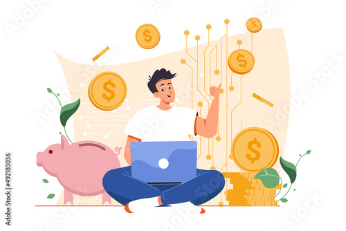 Stock crypto abstract concept vector illustration. Man working on laptops with giant cryptocoins. Cryptocurrency platform for exchange of bitcoins and digital currencies. Crypto currency mining.