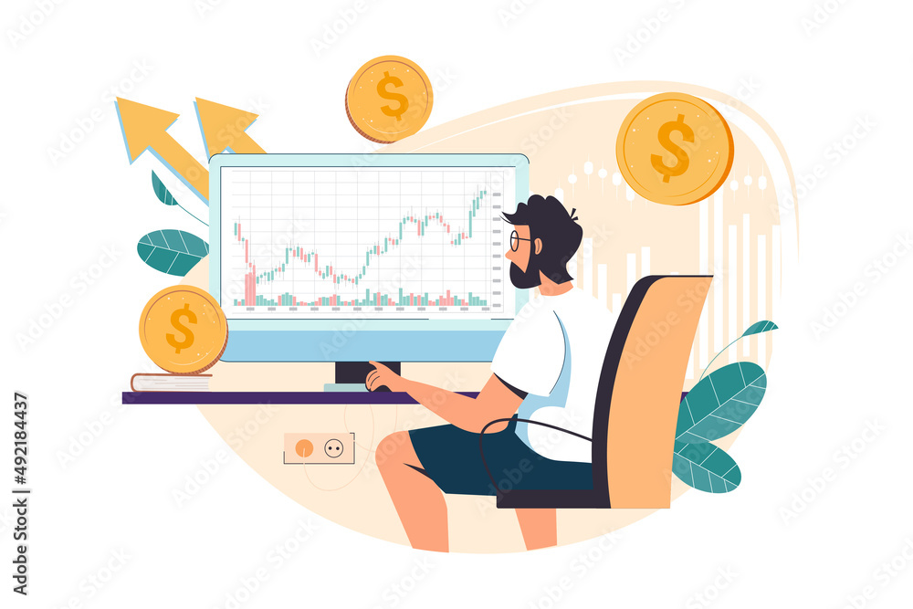 Happy man investor. Crypto currency up trend. Growth chart concept. Trade Chart. Cryptocurrency mining, bitcoin exchange, blockchain and marketing technology, internet money flat vector illustration. Happy man investor. Crypto currency up trend. Growth chart concept. Trade Chart. Cryptocurrency mining, bitcoin exchange, blockchain and marketing technology, internet money flat vector illustration.
