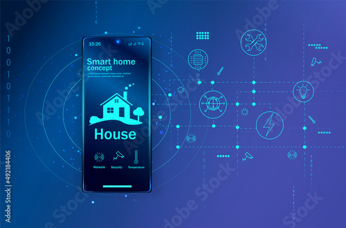 Smart home is a controlled smartphone. The technology of the home automation system. The house standing on the mobile phone screen.