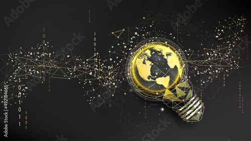 Abstract low-poly light bulb with a planet inside. The Internet Technology triangle icon is a concept of a polygonal network. An idea, electricity, innovation, or other conceptual illustration.