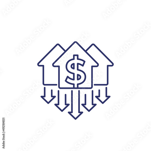 house prices decline, property value down line icon