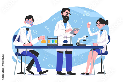 Science concept vector Illustration idea for landing page template, scientist in laboratory experiment research, biology, chemistry, knowledge scientific innovation. Hand drawn Flat Style
