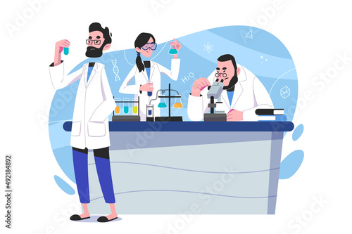 Science concept vector Illustration idea for landing page template, scientist in laboratory experiment research, biology, chemistry, knowledge scientific innovation. Hand drawn Flat Style