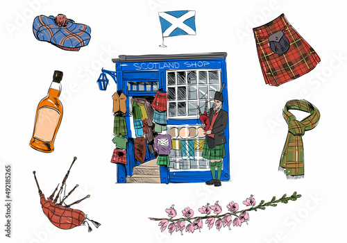 Scotland souvenir shop. Hand drawn clip art. Vector illustration.