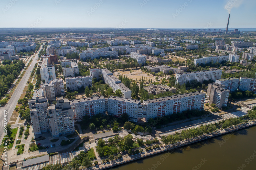 Obraz premium Aerial view of town Energodar, Ukraine. The satellite city of Europe's most atomic power station. Aerial photography.