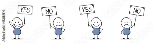Funny stickmen holding plate with text - yes and no. Vector