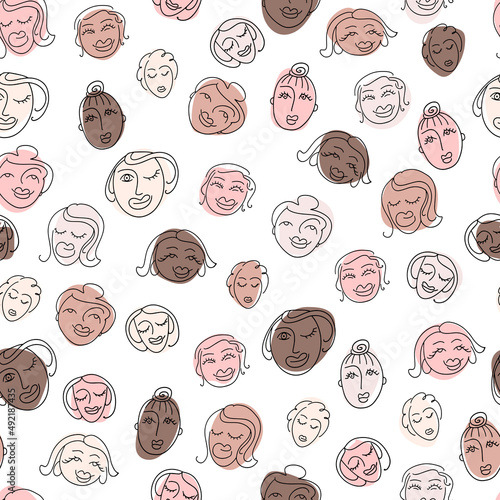 Seamless pattern with cute women's faces in doodle style. Vector illustration.