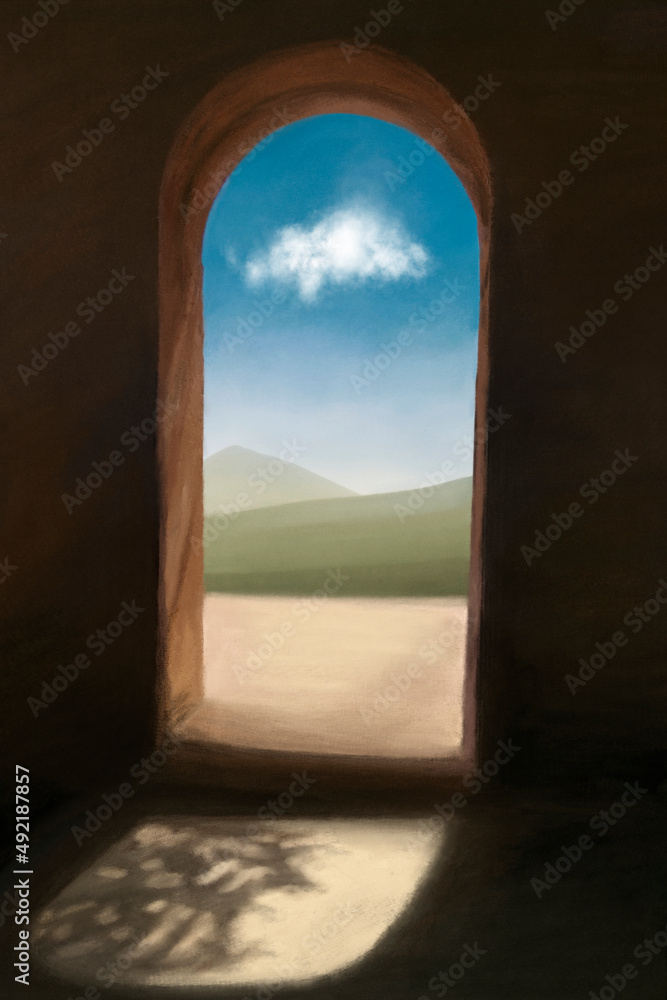 ancient door opens the way to a magnificent surreal landscape. ancient door opens the way to a magnificent surreal landscape.